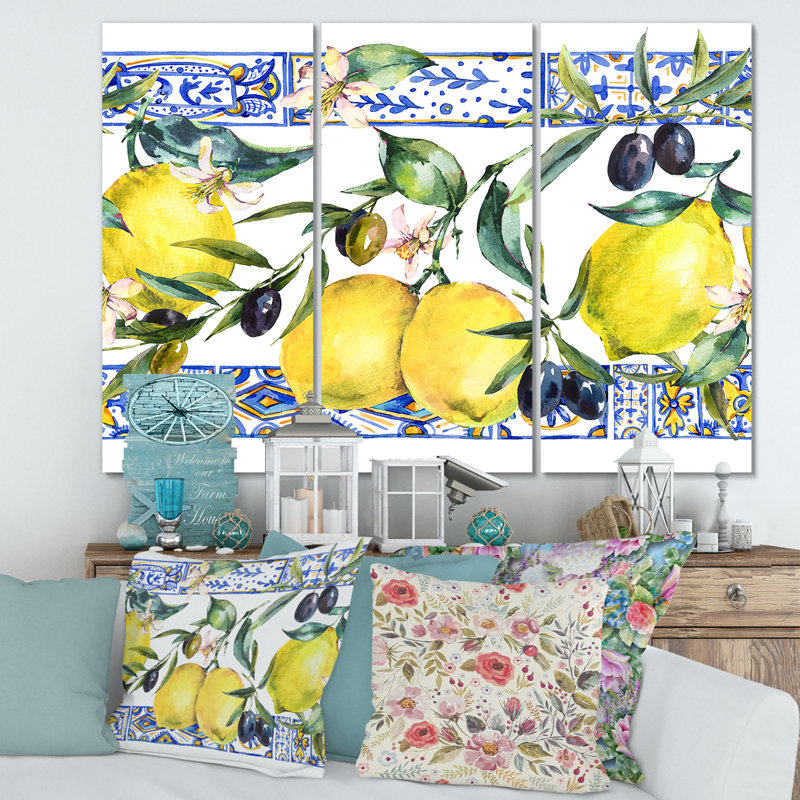 " Lemon Ornament On Blue Geometrical Pattern II " 3 - Pieces Painting Print