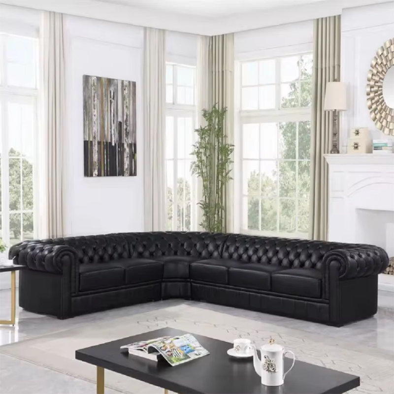 3-piece Cow Top Leather Sectional Sofa, Left Hand Facing, Black Genuine Leather