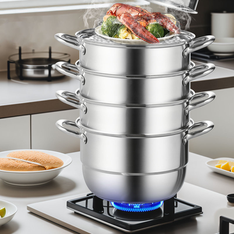 VEVOR 5-Tier Stainless Steel Steamer Pot, Multi-Layer Cookware with Tempered Glass Lid and Handles, 13.78" L