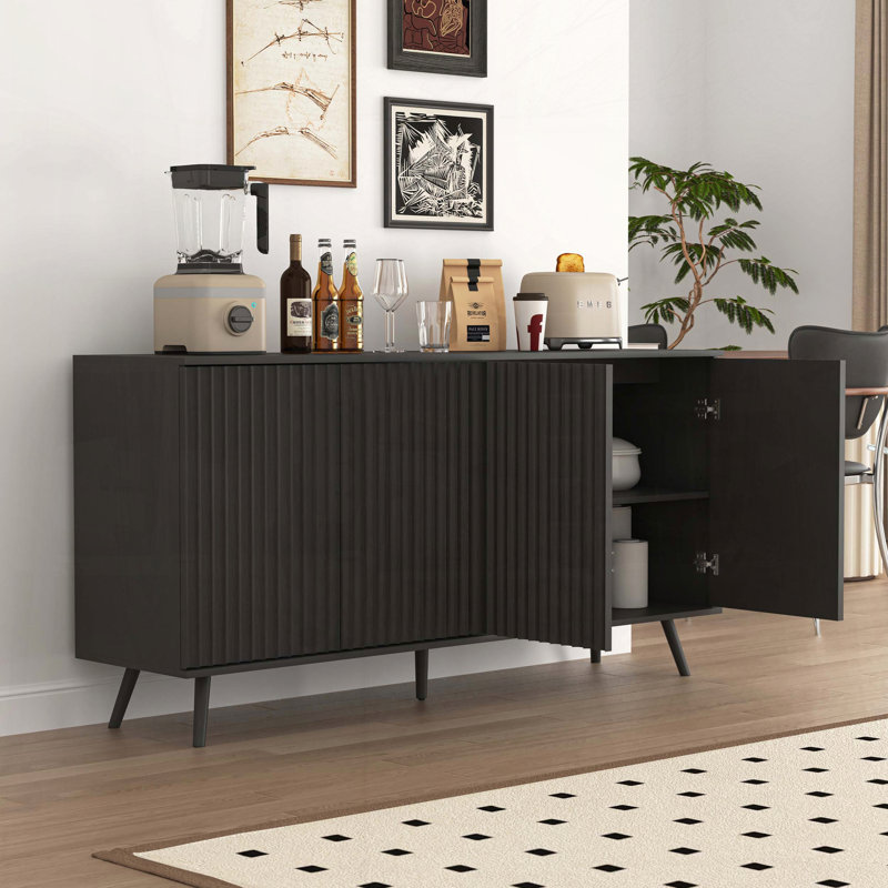 Sideboard Buffet Cabinet with Hexagonal Pattern and Press-Rebound Device, Black