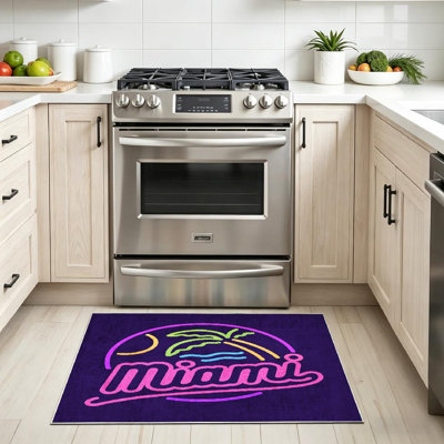 Clear Machine Washable,Retro Neon Sign Beach and Palm Tree Indoor Area Rug