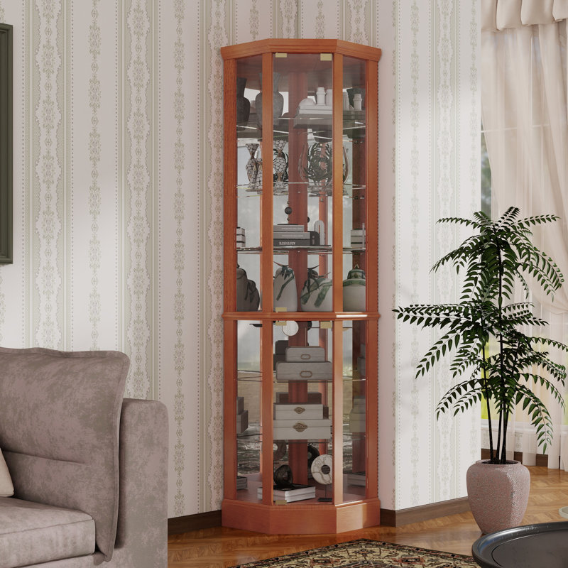 Vitrine de coin à 6 tablettes avec système d'éclairage avec tablettes réglables en verre trempé et miroir (ampoule E26 non incluse)