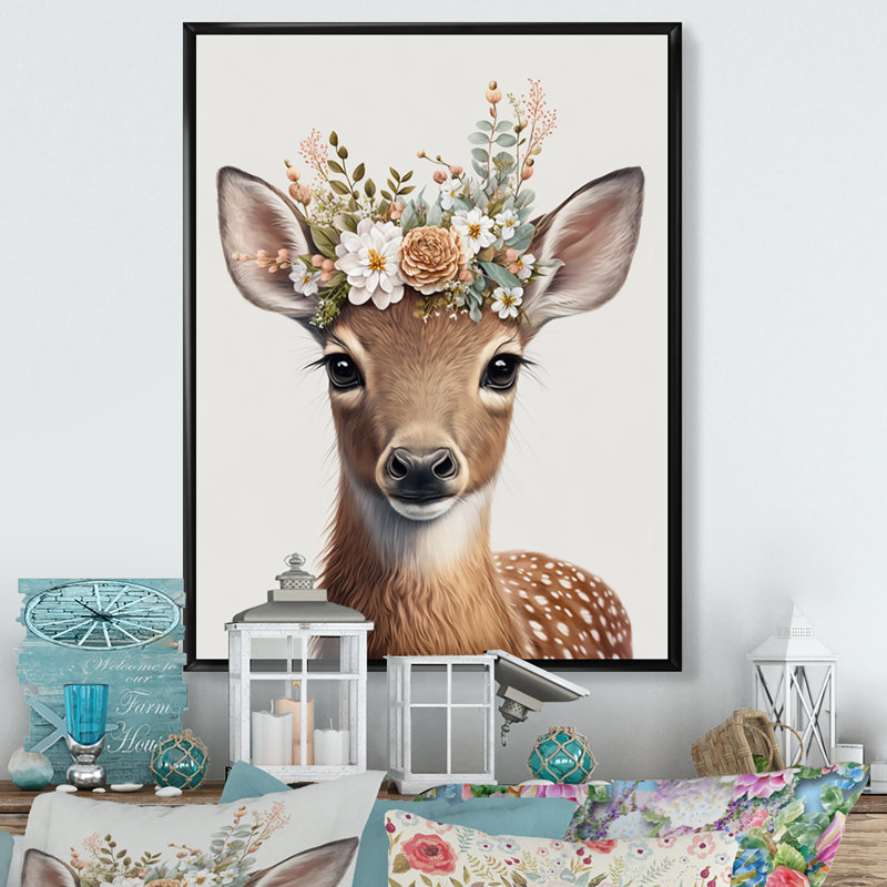 Mignon bébé cerf avec couronne florale I - animaux, art mural sur toile, L 12 po x H 20 po, Toile à cadre flottant noir