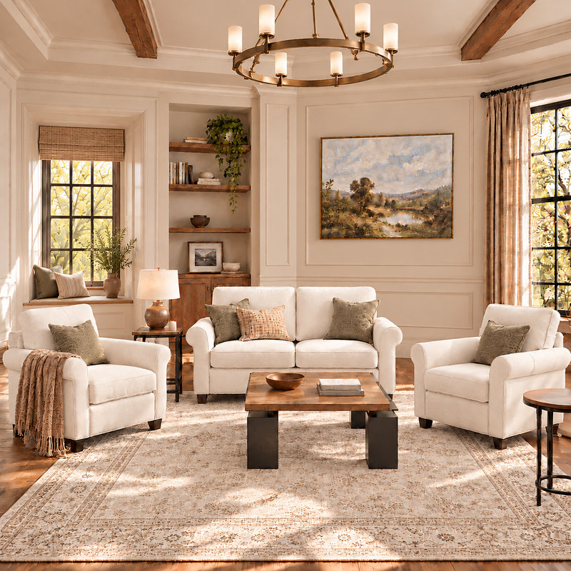 3 Piece Loveseat Living Room Set, Beige