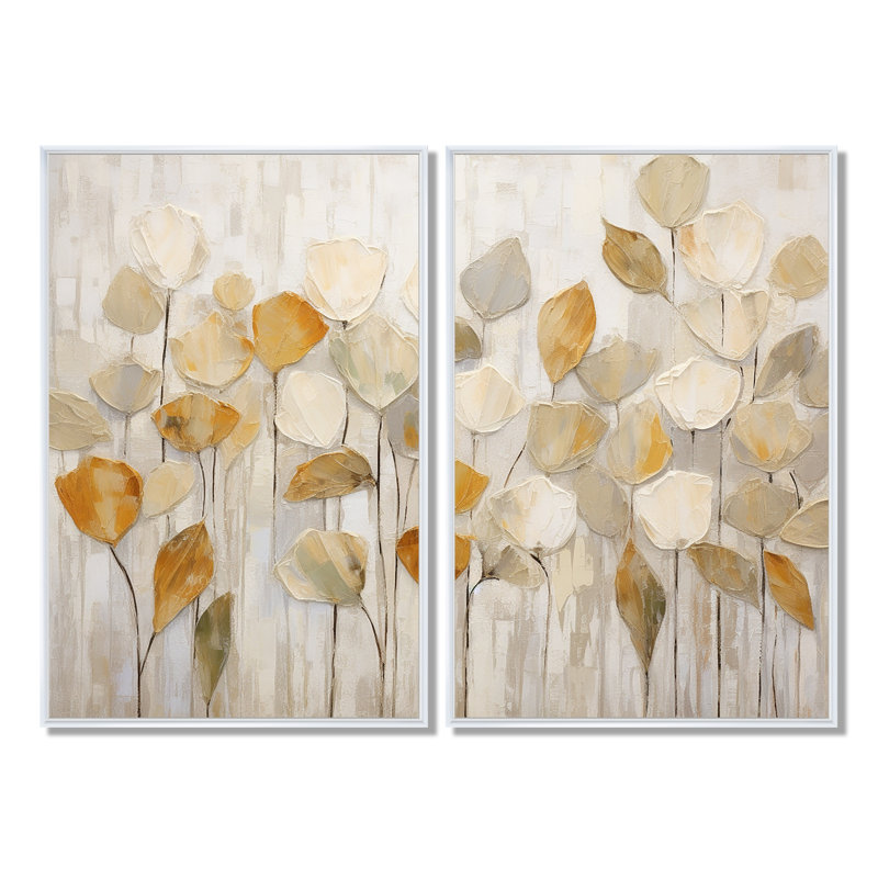 «Beige Botanical Impressions II», art mural abstrait botanique 2 pièces, H 36 po x l 48 po, Blanc