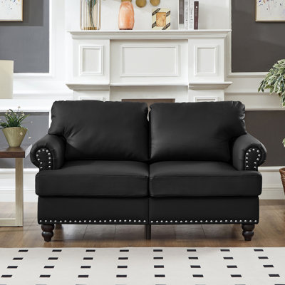 Cuir classique moderne de 59,5 po, cuir de vache noir, accoudoirs clous argentés sur une structure ronde en bois massif, coussin de siège à haute élasticité, housse amovible, accoudoir de rangement en cuir de vache américain avec clous, structure