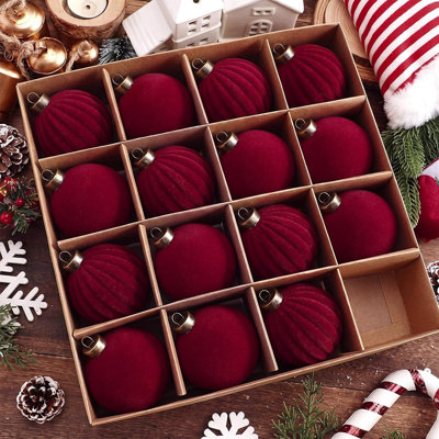 Burgundy Velvet Christmas Ball Ornaments, Elegant Flocked Holiday Tree Decorations