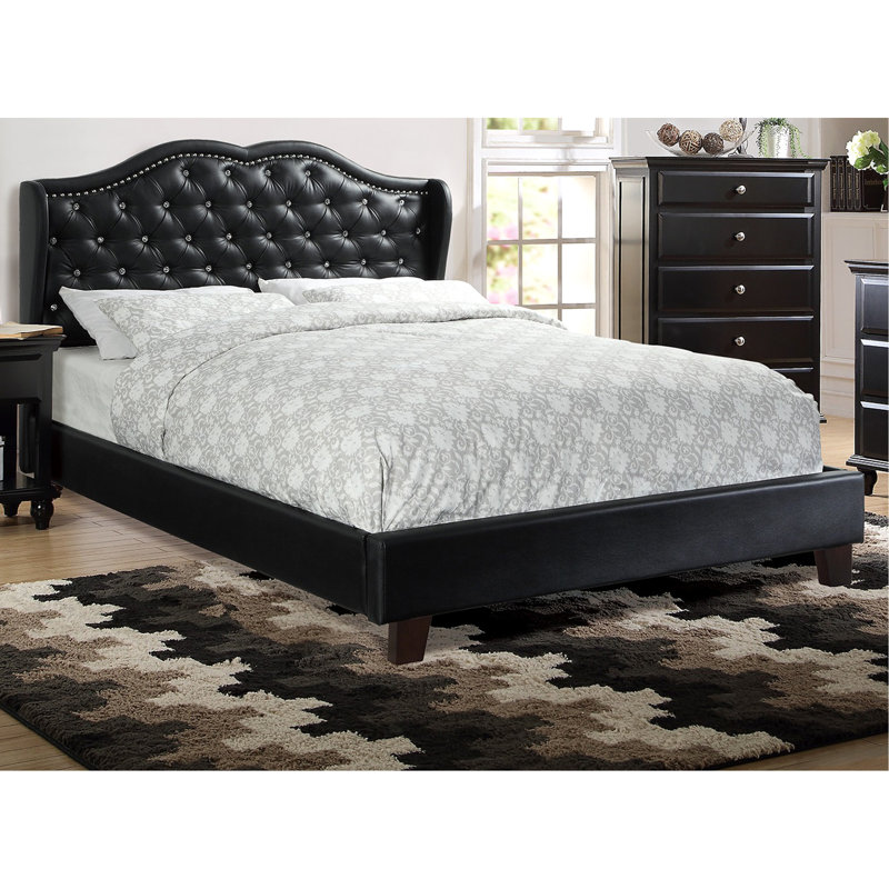 Chic Queen Size Bed With Wooden Frame And Beige Upholstered Headboard Crocodile Texture Design Element Modern Finish Gorgeous Feature