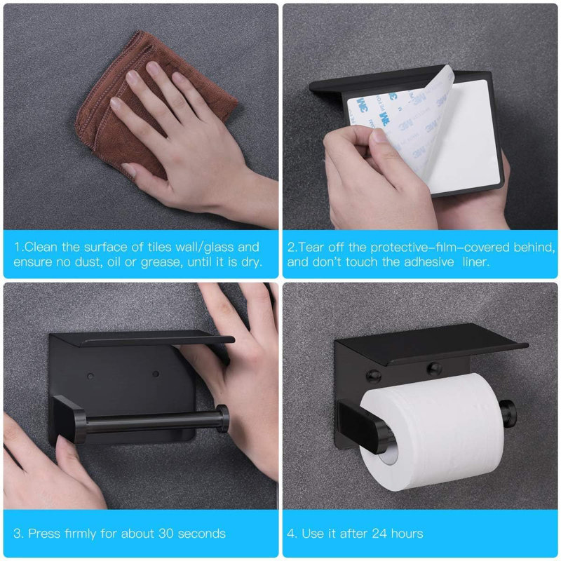 Matte Black Stainless Steel Wall Mounted Toilet Paper Holder with Shelf