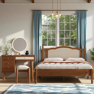 Ensemble de chambre à coucher 2 pièces, lit en bois avec tête de lit en rotin et ensemble de meuble-lavabo en bois avec charge et tabouret
