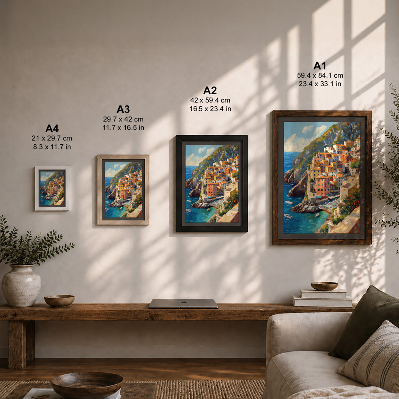 Mediterranean Clifftop Village Coastal - Framed Print, A3 - 42.0 x 29.7 cm, Walnut