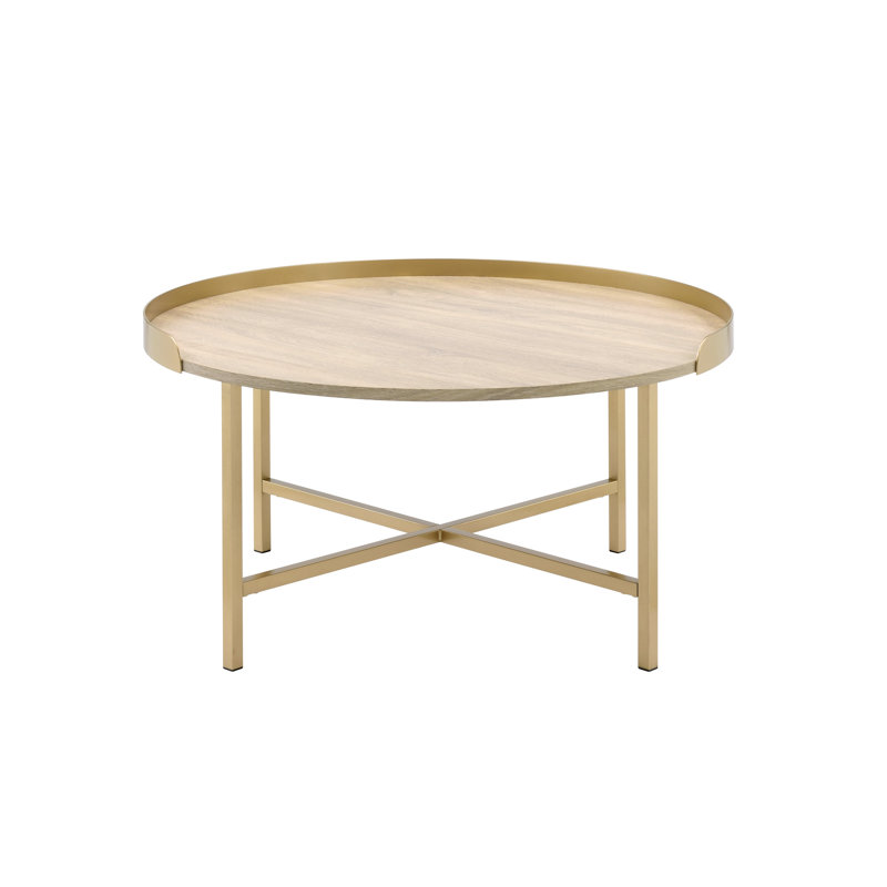 Table basse en chêne et or, look contemporain avec table ronde et base en métal