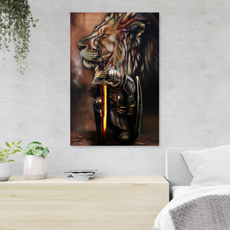 «Night Knight On One Knee And Lion», œuvre d'art graphique rectangulaire sur toile tendue, H 14 po x l 11 po x P 2 po