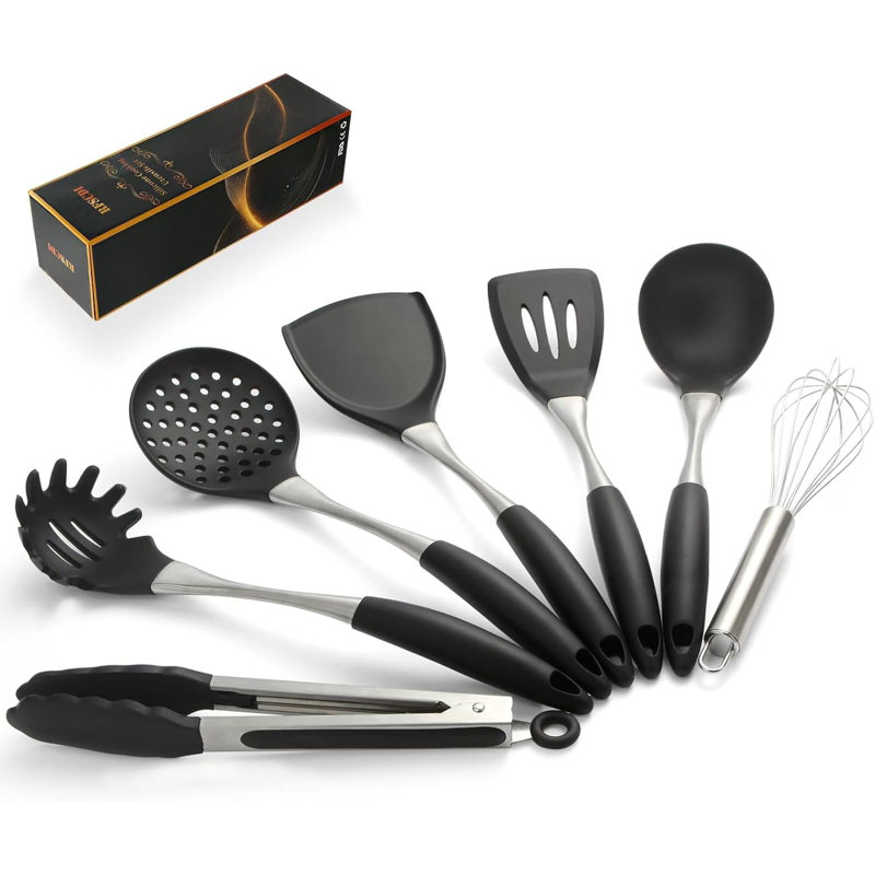 Ensemble d'ustensiles de cuisine en silicone de qualité professionnelle avec poignées ergonomiques - ustensiles de cuisine non toxiques résistants à la chaleur, ustensiles de base en acier inoxydable allant au lave-vaisselle