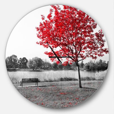 Arbre rouge sur banc de parc - horloge murale moderne