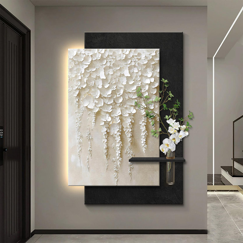 Art mural floral minimaliste en grès minimaliste avec lumières à DEL - culture de l'eau, H 70,87 po x l 47,24 po x P 1,38 po