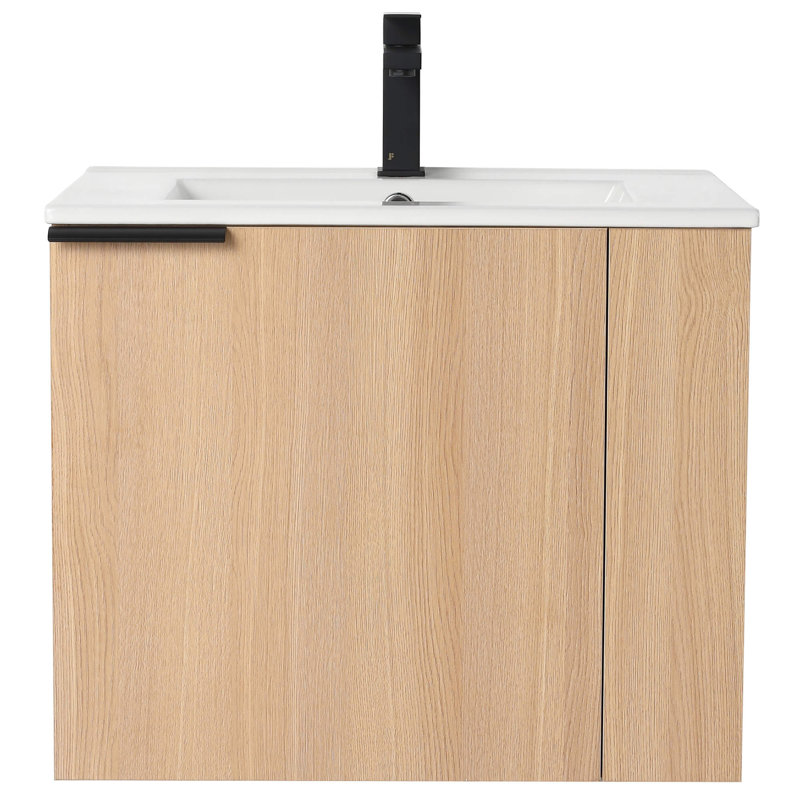 Meuble-lavabo moderne 24 po avec lavabo en céramique blanche Ebern Designs Elmridge - tablettes ouvertes à droite