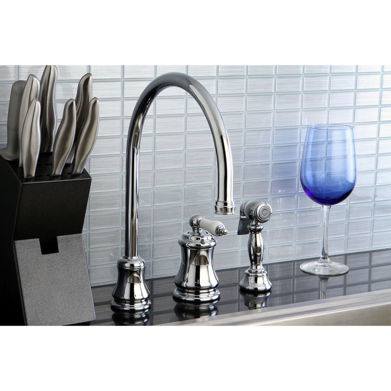 Kingston Brass Restoration Single-Handle 3-Hole Widespread Kitchen Faucet with Brass Sprayer, Polished Chrome