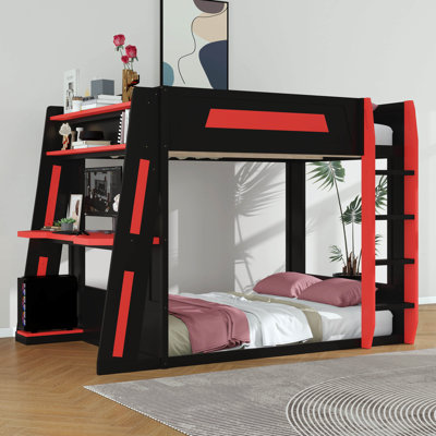 Grand lit superposé en bois avec bureau intégré, lumières DEL, port USB et 2 tablettes de rangement, lit mezzanine en bois