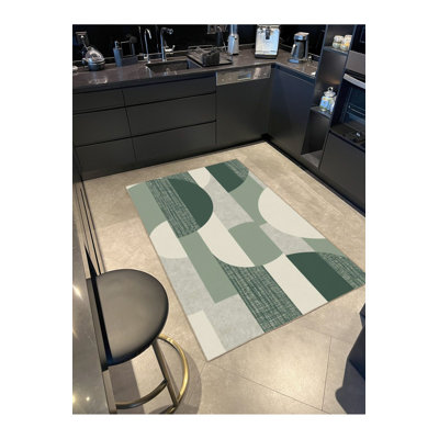 Green Motif Themed Patterned Woven Base Washable Rug