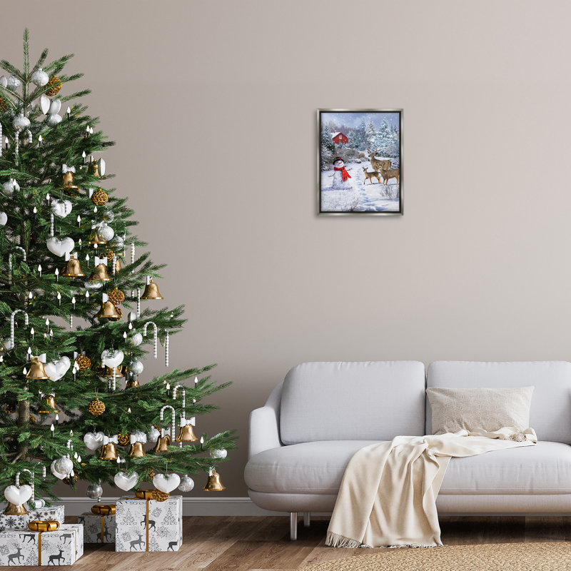 «Reindeer And Snowman Landscape» par Jason Kirk sur toile, Cadre flottant gris lustré, H 21 po x l 17 po