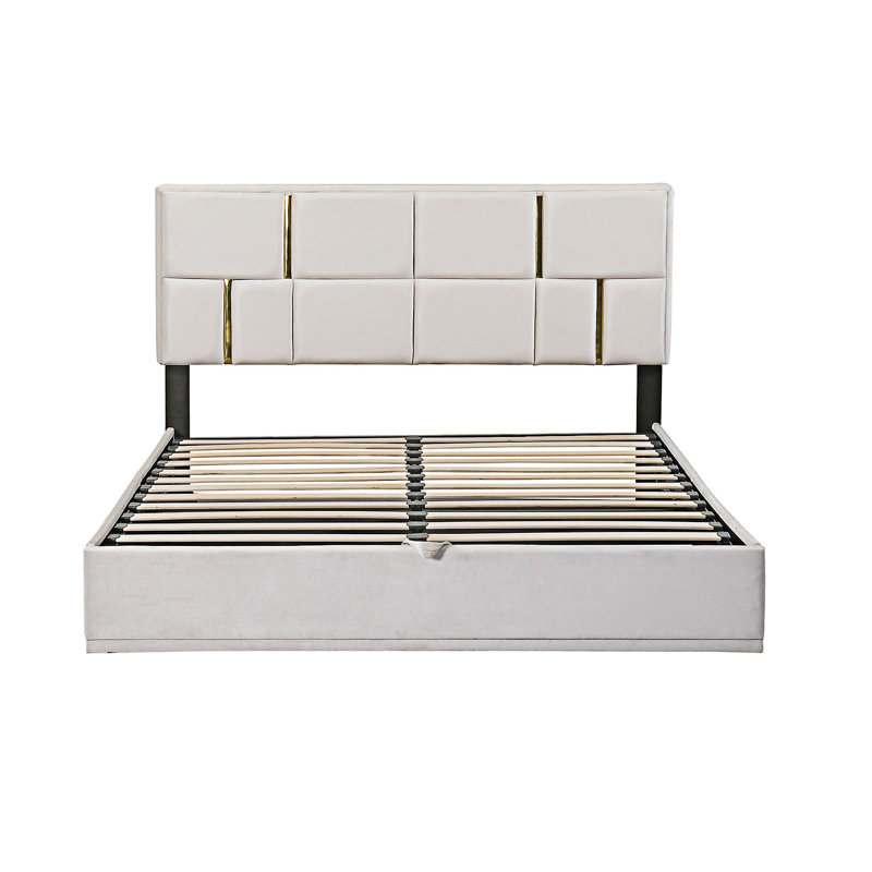 Grand lit plateforme tapissier avec système de rangement hydraulique, Beige