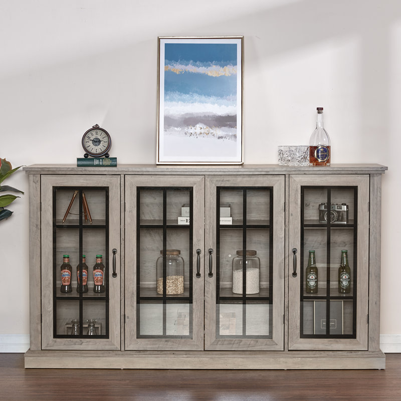 Alvilda 62.9'' W Modern Sideboard Buffet with Glass Doors, Rustic Gray