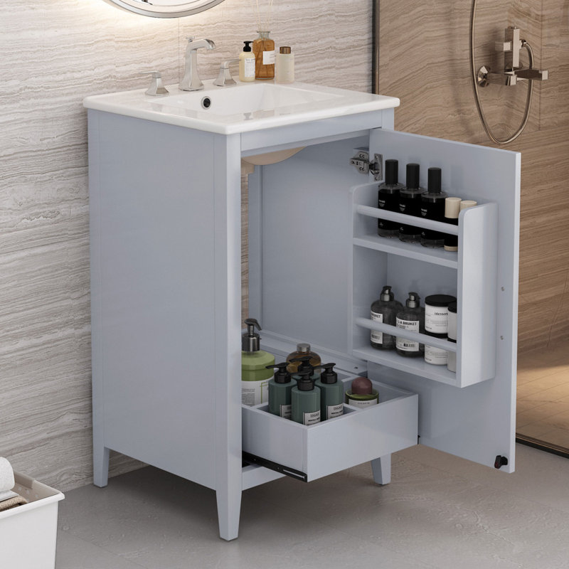 Meuble-lavabo de 20,3 po avec lavabo, tiroir fonctionnel, tablette de porte, porte à fermeture douce, Gris