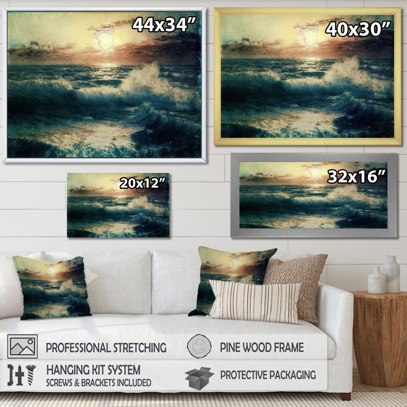 Vagues de l'océan sauvage se brisant au coucher du soleil I, Cadre photo blanc, H 12 po x l 20 po x P 1 po