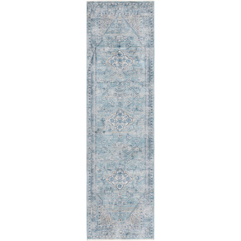 Tapis traditionnel Orea bleu-brun clair, Tapis de couloir 2 pi 7 po x 10 pi 2 po