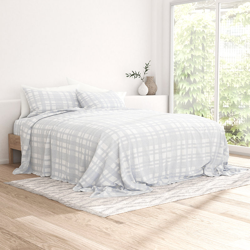 Ensemble de draps 100% coton, Plaid gris clair, Ensemble de draps pour taille de lit très grand c