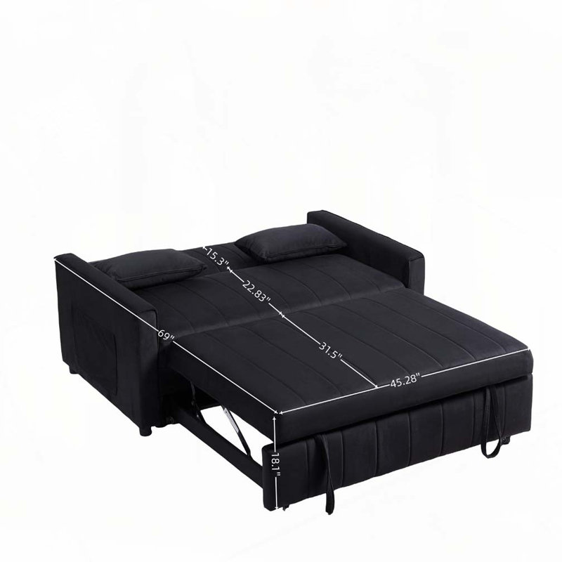 Velvet Sleeper Sofa Pull-Out Bed with Adjustable Backrest and Pillows, Black