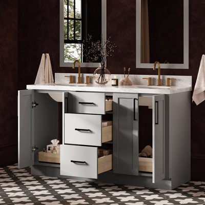 Meuble-lavabo ovale double de 155 cm avec comptoir en marbre blanc de Carrare de 3,8 cm d'épaisseur, de couleur gris.