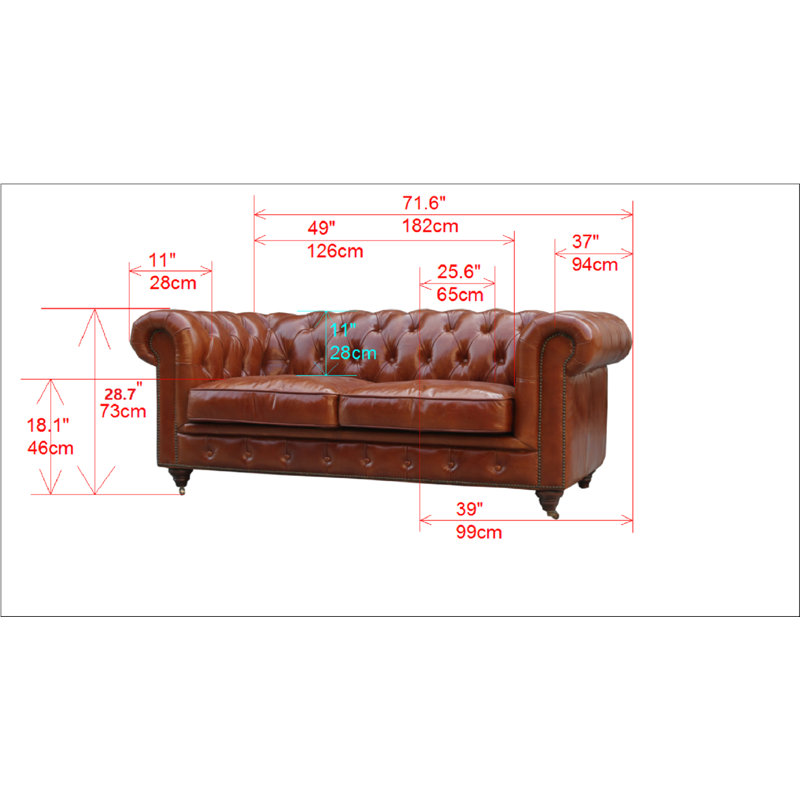 Paris Club Genuine Leather Chesterfield Sofa, 28.7"H x 71.6"W x 39"D
