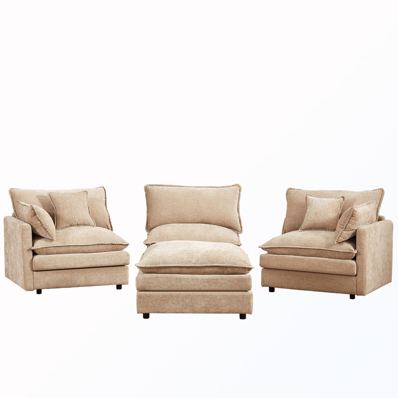 L-Shape Chenille Sectional Couches with Movable Ottoman, Coffee Chenille