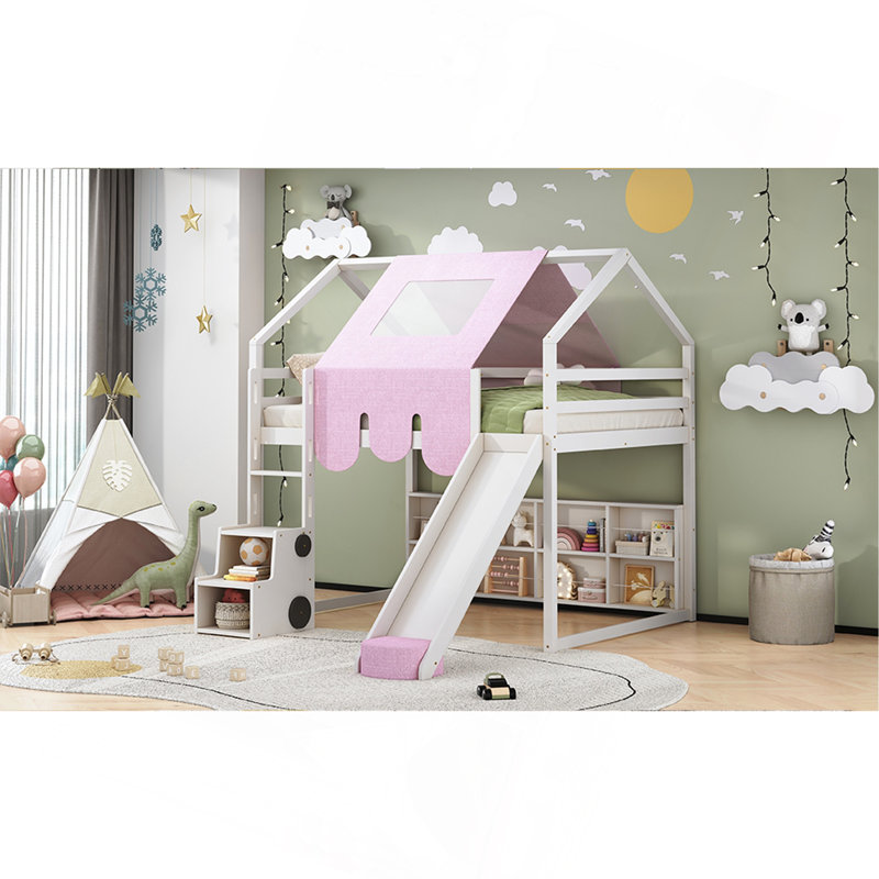 Cadre de lit mezzanine en bois avec tente, Lit double, Blanc