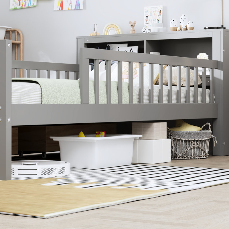 Lit simple gris avec rangement pour tête de lit et garde-corps fonctionnels - Taille élégante, pratique et efficace, Gris