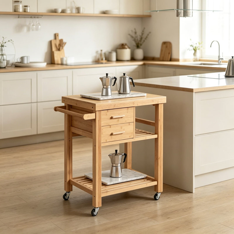 Îlot de cuisine en bambou sur roulettes avec 2 tiroirs et porte-serviettes, chariot de cuisine roulant avec roulettes verrouillables, chariot de rangement mobile pour petite cuisine, salle à manger, salon, naturel