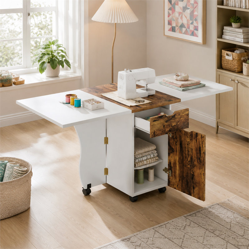 Folding Drop Leaf Dining Table with Storage and Lockable Wheels, White