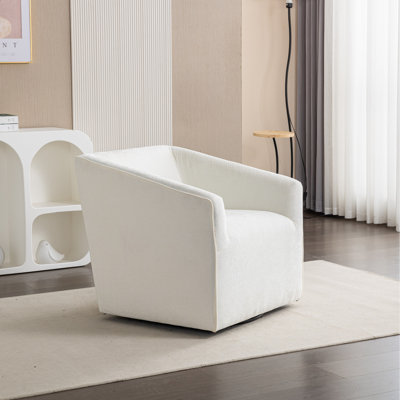 360° Rotating Armchair With Chenille Upholstery - For Bedroom, Office Modern Swivel Upholstery, Stable Construction, Study Room White Color, Brown Wood Tone, Square