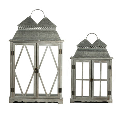 Lanterne en bois + métal + verre 2 pièces porte-bougie brun gris