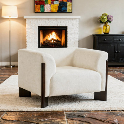 Upholstered Beige Chenille Modern Curved Arm Design Armchair With Solid Wood Legs