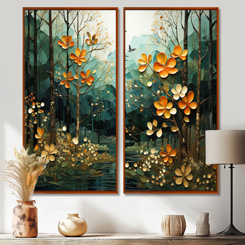 «Forest Enchanted Canopy Patchwork II», art mural corail, H 32 po x l 32 po, Brun, Impression encadrée flottante