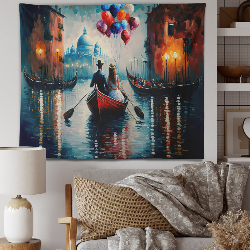 Tapisserie romantique en polyester sur un petit bateau III, H 32 po x l 39 po