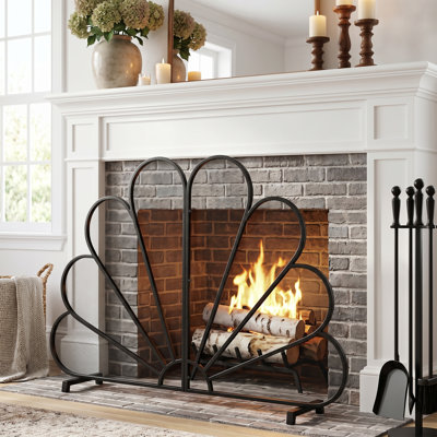 Erick Boho Peacock Fan Fireplace Screen with Ornate Metal Mesh and Freestanding Base