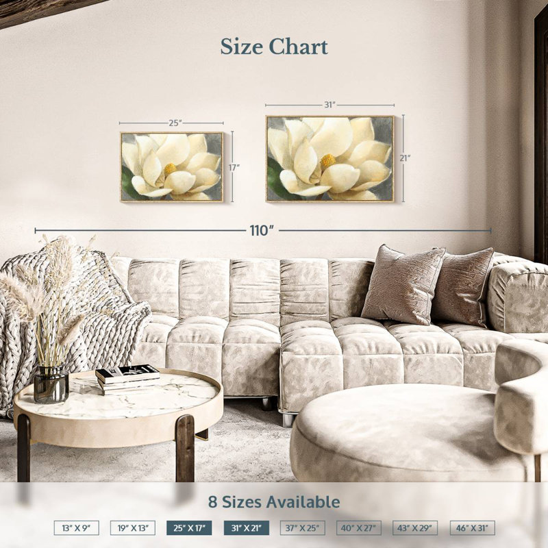 Fleur de magnolia sur fond gris, 25 po x 17 po, Cadre flottant en bois naturel
