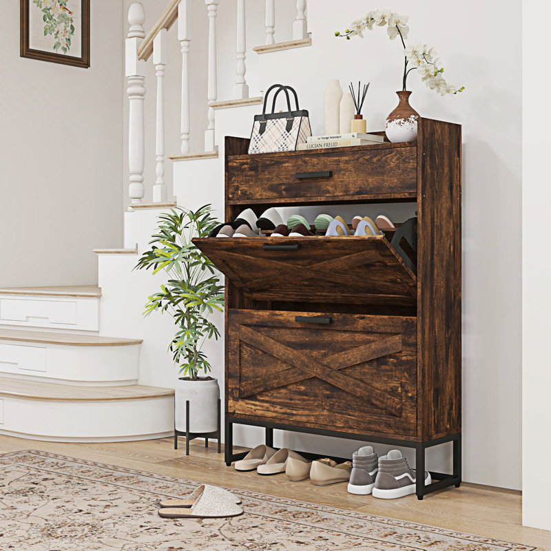 Narrow Shoe Cabinet With 2 Flip Doors And Top Drawer, Rustic Brown