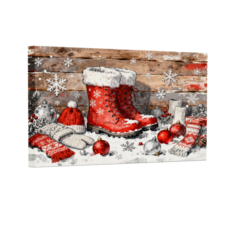 Bottes de Noël rouges, flocons de neige, mitaines, ornements, écharpe, chapeau, pommes de pin, ensemble de 3 impressions sur toile
