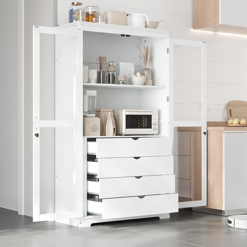 44.7X20x75inch Kitchen Pantry, Freestanding Kitchen Storage Cabinet Display Cabinet With Glass Doors And 4 Built-In Drawers For Living Room, Home Office, White