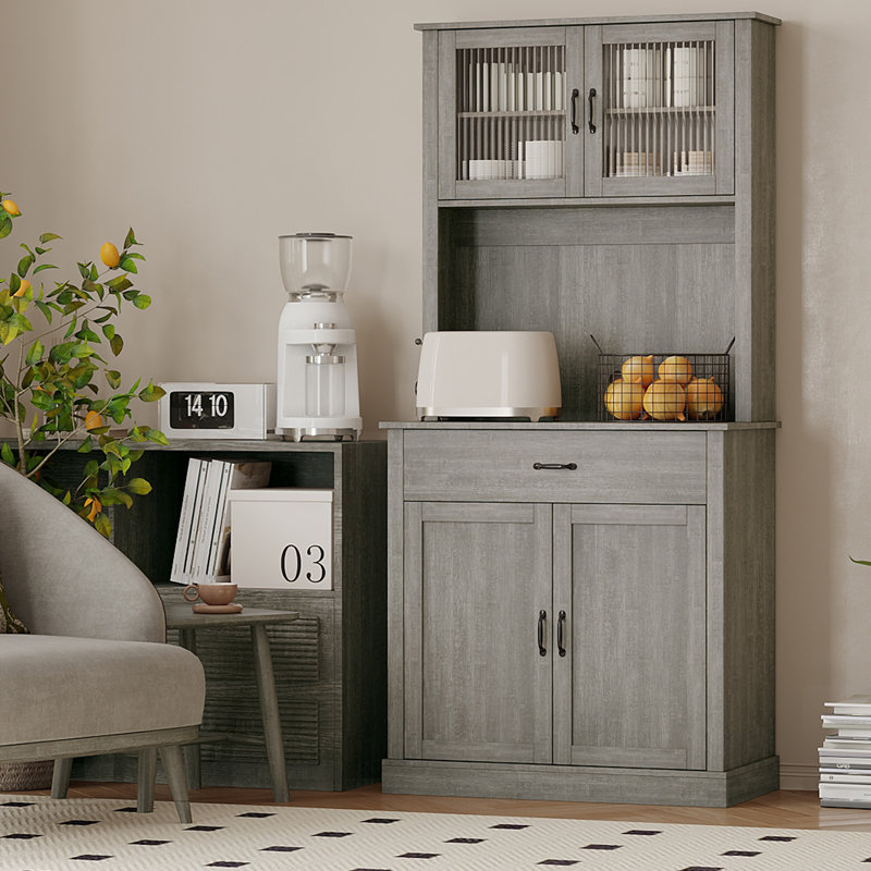 Spacieux système de rangement pour garde-manger - Buffet autoportant de 71 po de hauteur avec support pour micro-ondes, tablettes réglables, portes en verre, tiroir - salle à manger, rangement pour l'entrée - gris pastoral